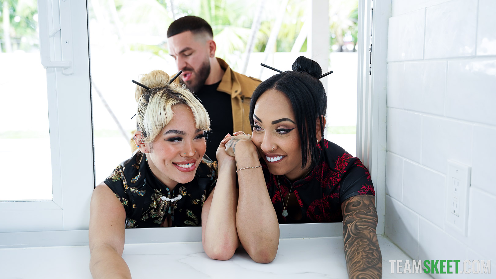 Kona and Luna are just two babes who love to party. The sneaky chicks try to come back home undetected, but they’re caught by their stepbrother, Peter. As they try to sneak in through a window, the girls get stuck. Peter uses the situation to his advantage, lifting their skirts and admiring their red undies. The girls are shocked but even more so turned on by their stepbrother when he starts playing with their pussies. They’ve never known their tattle tale stepbrother to be so daring, and now seeing this risque side of him, they’re super horny for him. Peter still wants to snitch on his stepsisters for sneaking out, but the stepsiblings come to an agreement. Now that they’re all horny, Peter is willing to turn a blind eye to their night of partying if they agree to fuck. The girls are more than down for a little fuck sesh, so they move to the living room, where the fun truly begins.