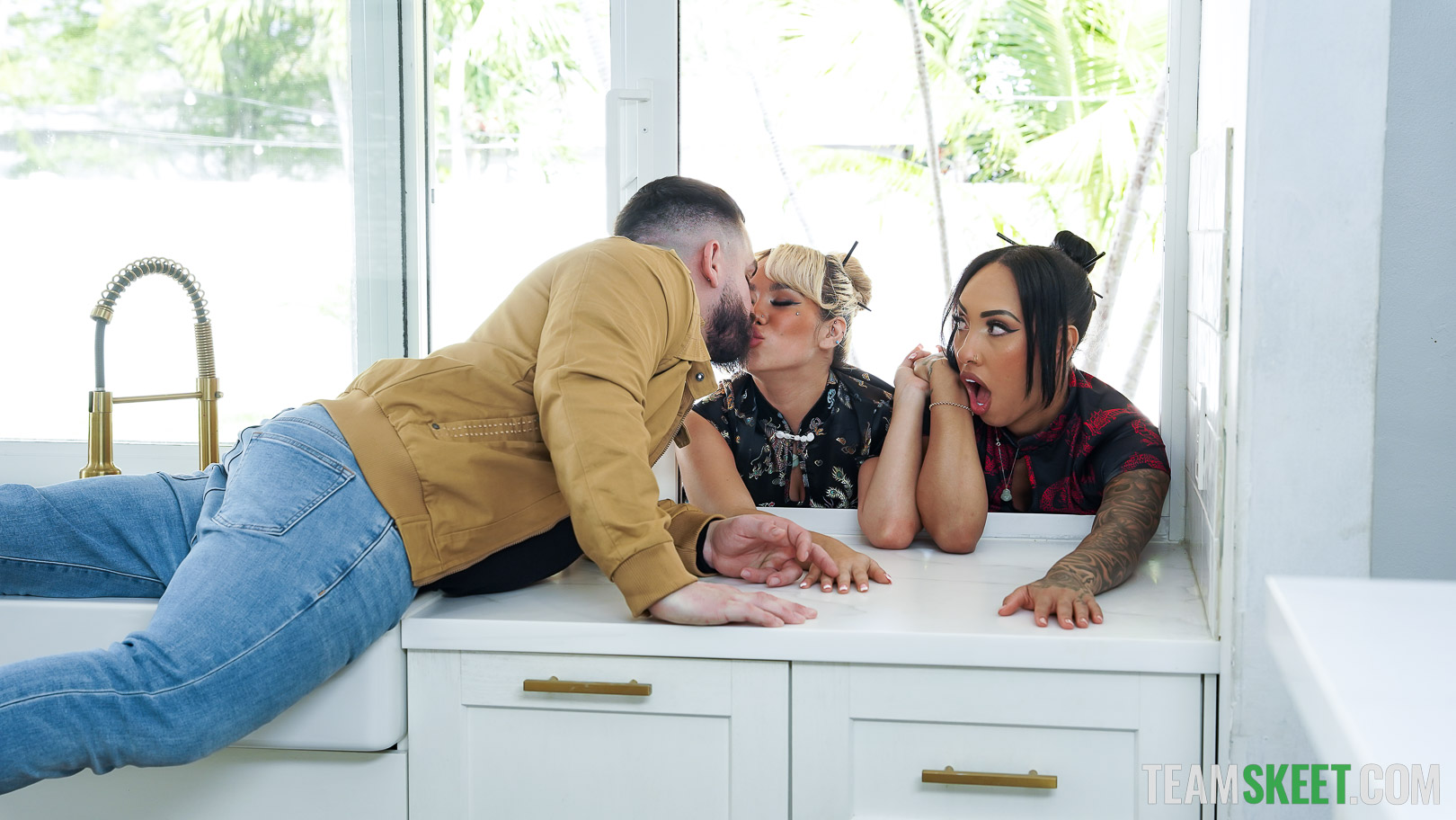 Kona and Luna are just two babes who love to party. The sneaky chicks try to come back home undetected, but they’re caught by their stepbrother, Peter. As they try to sneak in through a window, the girls get stuck. Peter uses the situation to his advantage, lifting their skirts and admiring their red undies. The girls are shocked but even more so turned on by their stepbrother when he starts playing with their pussies. They’ve never known their tattle tale stepbrother to be so daring, and now seeing this risque side of him, they’re super horny for him. Peter still wants to snitch on his stepsisters for sneaking out, but the stepsiblings come to an agreement. Now that they’re all horny, Peter is willing to turn a blind eye to their night of partying if they agree to fuck. The girls are more than down for a little fuck sesh, so they move to the living room, where the fun truly begins.