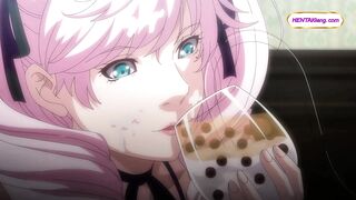 Pink haired cutie milks cock with food play and messy footjob