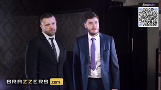 Brunette lady with puny orbs joins a three way for raunchy sex