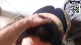 Amateur BBW in black lingerie gives a deep fellatio to a big rod on a tiled floor
