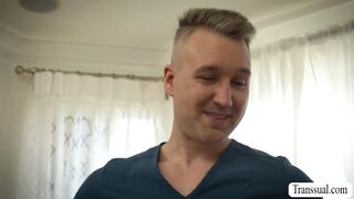 Tattooed Stud Pleases Blonde Shemale
