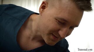 Tattooed Stud Pleases Blonde Shemale