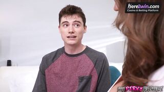 Busty black-haired mummy with a big boner shared by 2 stepbrothers