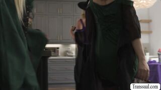 Hiding under the table and get fucked by two TS