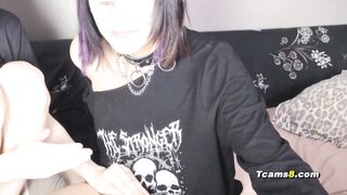 Goth Shemale Fucks Her Babe's Wet Pussy with a Big Orange Dildo