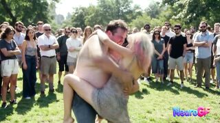Babe revels in public pleasure as crowd surrounds and big fat chubby takes control