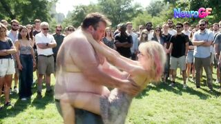 Babe revels in public pleasure as crowd surrounds and big fat chubby takes control