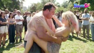Babe revels in public pleasure as crowd surrounds and big fat chubby takes control