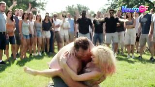 Babe revels in public pleasure as crowd surrounds and big fat chubby takes control