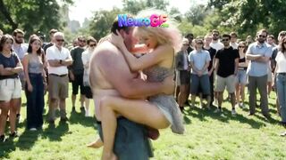 Babe revels in public pleasure as crowd surrounds and big fat chubby takes control